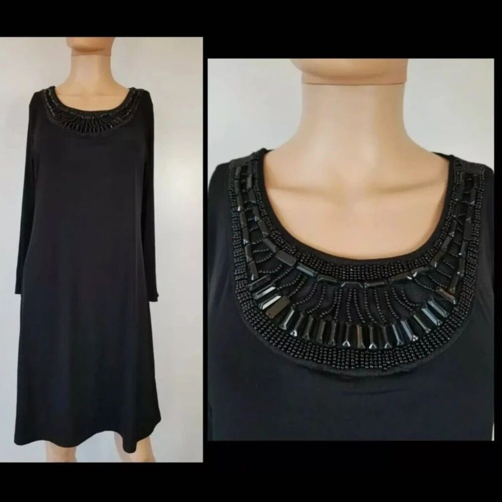 AGB Sz 8 Black Dress Beaded Neck Line knee length 3/4 flare bell sleeve career